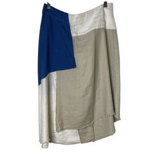 Anthropologie Size 8 Holding Horses Midi Skirt Patchwork Blue Asymmetrical Hem